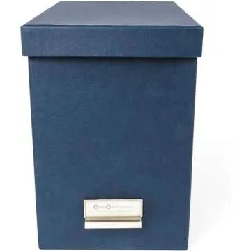 Bigso John Fiberboard Label Frame Desktop File Storage Box - Document Organizer for Important Paperwork - Durable Hanging File Box with a Lid & Metal Label Window - 7.4 in x 13 in x 10.4 in - Blue