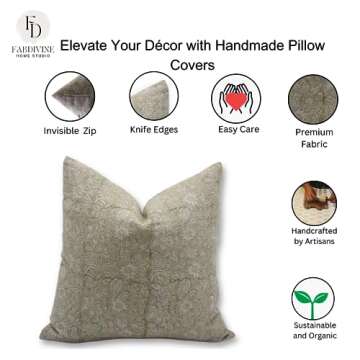 Fabritual Handmade Block Print Thick Linen 18X18 Throw Vintage Pillowcase Cushion Cover with Zipper for Sofa, Couch and Bed, Outdoor, Spring, Fall Decoration, Boho Home Décor, Manikarnika, Grey