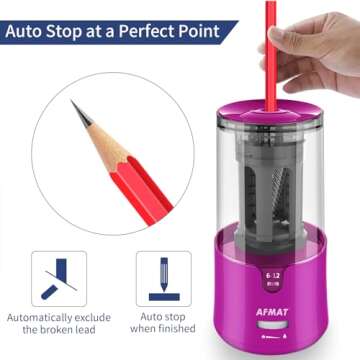 AFMAT Electric Pencil Sharpener for Colored Pencils, Auto Stop, Fast Sharpen in 3s, Large Hole Pencil Sharpener Plug in for 6-12mm No.2/Jumbo Pencils-Purple