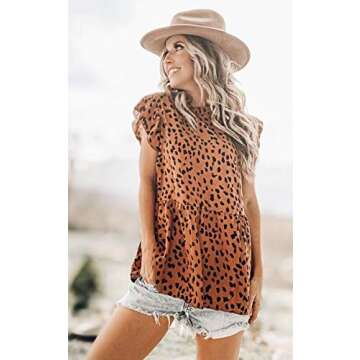 Angashion Women's Tops Casual Floral Print Cap Sleeve Ruffle Neck Loose Babydoll Shirt Blouse Tunic Top Brown L