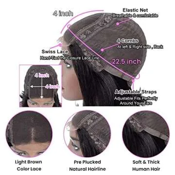 Straight Closure Wig Human Hair 4x4 Lace Front Wig Human Hair Wigs for Black Women Brazilian Hair Glueless Lace Wigs Human Hair Pre Plucked With Baby Hair 20 Inch