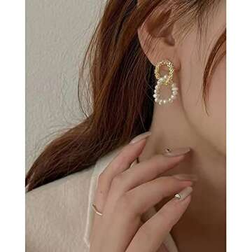 Pearl Dangle Drop Earrings for Women, Long White Pearl with Sterling Silver Post Sensitive Ears,Gold Plated 925 Silver Wedding Earrings Gift (Double ring)