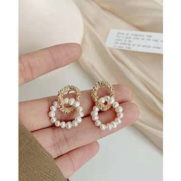 Pearl Dangle Drop Earrings for Women, Long White Pearl with Sterling Silver Post Sensitive Ears,Gold Plated 925 Silver Wedding Earrings Gift (Double ring)