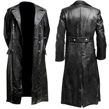 Mens Vintage Black Leather Trench Coat German Classic WW2 Officer Military Uniform Coat Long Motorcy...
