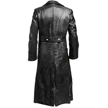 Mens Vintage Black Leather Trench Coat German Classic WW2 Officer Military Uniform Coat Long Motorcycle Jacket