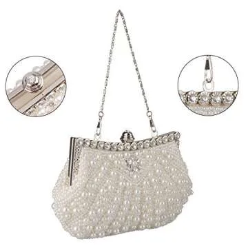 BAGLAMOR Clutch Purses Pearl Beaded Evening Clutch Rhinestone Fashion Purse with Chain for Women Wedding Evening Casual
