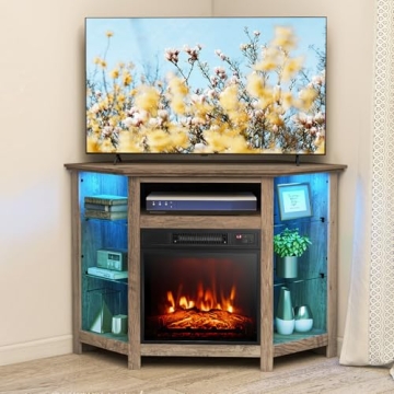 COSTWAY Electric Fireplace Corner TV Stand with 16-Color LED Lights, 3 Brightness, Remote and APP Co...