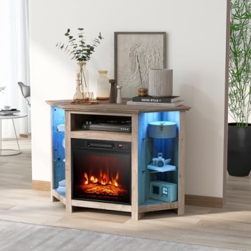 COSTWAY Electric Fireplace Corner TV Stand with LED Lights