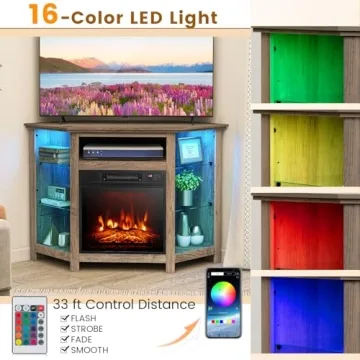 COSTWAY Electric Fireplace Corner TV Stand with LED Lights