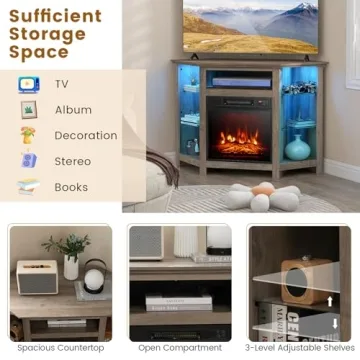 COSTWAY Electric Fireplace Corner TV Stand with LED Lights