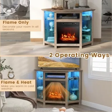 COSTWAY Electric Fireplace Corner TV Stand with LED Lights