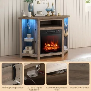 COSTWAY Electric Fireplace Corner TV Stand with LED Lights