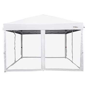 VINGLI 10x10 Pop Up Canopy Tent with Sidewalls Mesh Tent Easy Up Backyard w/ 4 Removable Zippered Mesh Sidewalls for Patio/Gazebo/Camping/Outdoor Activities, UV Coated Sun Shade Shelter White