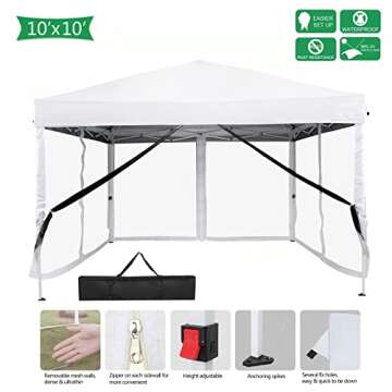 VINGLI 10x10 Pop Up Canopy Tent with Sidewalls Mesh Tent Easy Up Backyard w/ 4 Removable Zippered Mesh Sidewalls for Patio/Gazebo/Camping/Outdoor Activities, UV Coated Sun Shade Shelter White