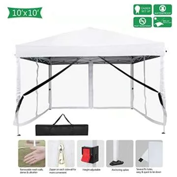 VINGLI 10x10 Pop Up Canopy Tent with Sidewalls Mesh Tent Easy Up Backyard w/ 4 Removable Zippered Mesh Sidewalls for Patio/Gazebo/Camping/Outdoor Activities, UV Coated Sun Shade Shelter White
