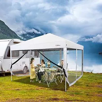VINGLI 10x10 Pop Up Canopy Tent with Sidewalls Mesh Tent Easy Up Backyard w/ 4 Removable Zippered Mesh Sidewalls for Patio/Gazebo/Camping/Outdoor Activities, UV Coated Sun Shade Shelter White