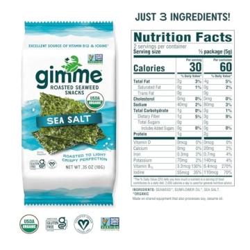 Gimme Seaweed Organic Roasted Seaweed Sheets - Sea Salt - 10g Sharing Pack (Single) - Keto, Vegan, Gluten Free -Great Source of Iodine and Omega 3’s - Healthy On-The-Go Snack for Kids & Adults