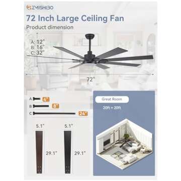 ZMISHIBO 72 inch Black Ceiling Fan with Light & Remote