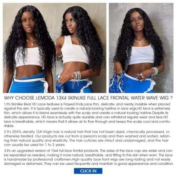Lemoda 30Inch 12A 250% Density SKINLIKE Real HD Lace Water Wave 13x4 Full Lace Frontal Wigs Deep Wave Virgin Human Hair Invisible 0.1mm Ultra-thin Frayed Ends Wet and Wavy Lace Front Wig Tiny Knots