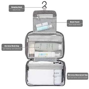 Etercycle Toiletry Bag for Women Men, Waterproof Hanging Toiletry Bags for Traveling, Portable Foldable Travel Wash bag with Hanging Hook, Shaving Bag for Bathroom Shower- Gray
