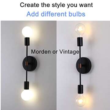 EFINEHOME 2 Light Wall Sconce- Minimalist Matte Black Vanity Lighting Fixtures- 2 Bulb Modern Mid Century Industrial Wall Light Indoor Decoration (1 Pack Black+ Chocolate)