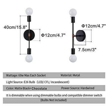 EFINEHOME 2 Light Wall Sconce- Minimalist Matte Black Vanity Lighting Fixtures- 2 Bulb Modern Mid Century Industrial Wall Light Indoor Decoration (1 Pack Black+ Chocolate)