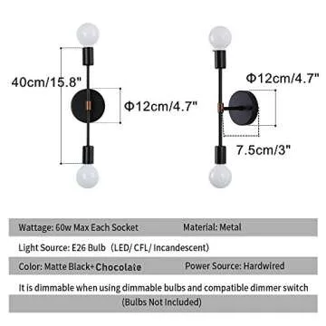 EFINEHOME 2 Light Wall Sconce- Minimalist Matte Black Vanity Lighting Fixtures- 2 Bulb Modern Mid Century Industrial Wall Light Indoor Decoration (1 Pack Black+ Chocolate)