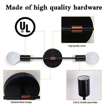 EFINEHOME 2 Light Wall Sconce- Minimalist Matte Black Vanity Lighting Fixtures- 2 Bulb Modern Mid Century Industrial Wall Light Indoor Decoration (1 Pack Black+ Chocolate)