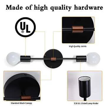 EFINEHOME 2 Light Wall Sconce- Minimalist Matte Black Vanity Lighting Fixtures- 2 Bulb Modern Mid Century Industrial Wall Light Indoor Decoration (1 Pack Black+ Chocolate)
