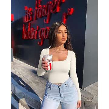 OQQ Women's 2 Piece Crop Shirt Long Sleeve Square Neck Underscrubs Stretch Fitted Layer, Black,beige, Small