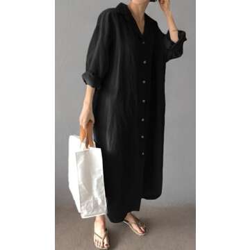 GGUHHU Womens Chic Button Down Rolled-Up Sleeve Long Cotton Blouse Maxi Dress