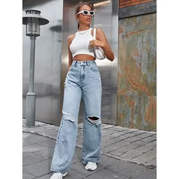 WDIRARA High Waist Ripped Baggy Jeans for Women