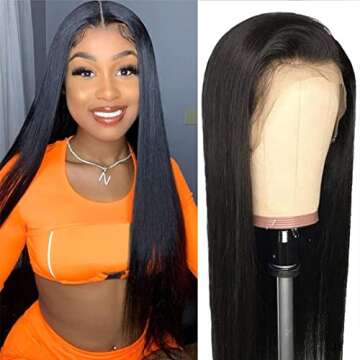 Aatifa Hair 10A Virgin Hair Lace Front Wig Malaysian Remy Human Hair Straight HD Transparent Lace Wigs for Black Women (22inch) Pre Plucked with Baby Hair 180% Density Natural Color