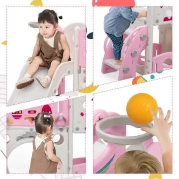 NYEEKOY 9 in 1 Toddler Slide and Climber Playset Freestanding Backyard Playground for Children Age 1-4, Indoor Outdoor Kids Slide with Basketball Hoop,Telescope, Ring-toss and Storage Space