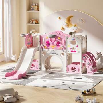 NYEEKOY 9 in 1 Toddler Slide and Climber Playset Freestanding Backyard Playground for Children Age 1-4, Indoor Outdoor Kids Slide with Basketball Hoop,Telescope, Ring-toss and Storage Space