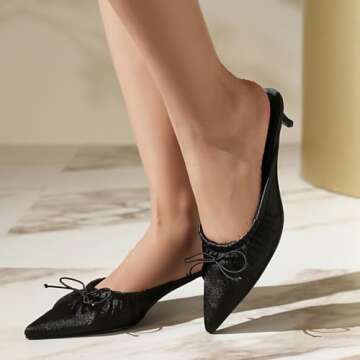 UFEDO Kitten Heel Bow Mules for Women Slip On Mules Backless Low Heel Pumps