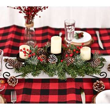 Artiflr 20 Inch Christmas Candle Holder Centerpiece with 3 Candle Holders, Pine Cones, Red Berry Tab...
