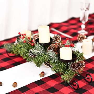 Artiflr 20 Inch Christmas Candle Holder Centerpiece with 3 Candle Holders, Pine Cones, Red Berry Table Accent for Festival Home Decoration