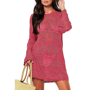 Pink Queen Crochet Cover Ups for Women - Stylish Beach Dress in Rose Red