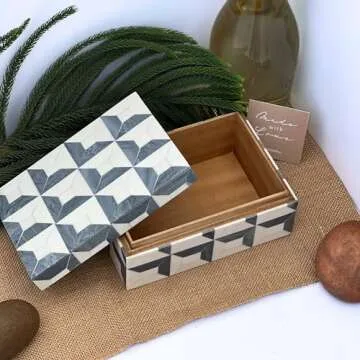 collectiblesBuy Handmade Natural Inlay Decorative Jewelry & Storage Box Rectangular Unique Design -White & Grey with Yellow Shade.