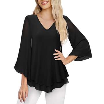 Lotusmile Womens Dressy Blouse Double Layers Mesh Shirt Ruffle 3/4 Flared Sleeve Tunic Tops(Black, 3XL)