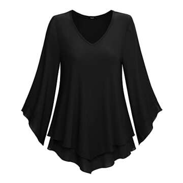 Lotusmile Womens Dressy Blouse Double Layers Mesh Shirt Ruffle 3/4 Flared Sleeve Tunic Tops(Black, 3XL)