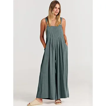 ANRABESS Womens Jumpsuits Overalls Wide Leg Casual Summer Outfits Linen Rompers Jumpers Sleeveless Straps 2024 Clothes Grey Blue Medium