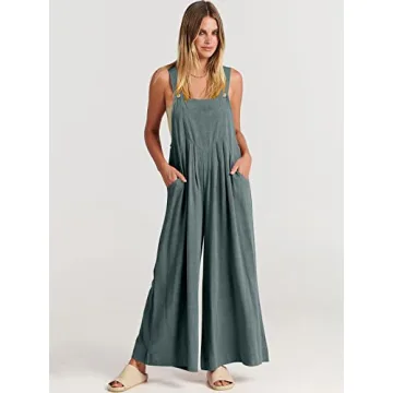 ANRABESS Womens Jumpsuits Overalls Wide Leg Casual Summer Outfits Linen Rompers Jumpers Sleeveless Straps 2024 Clothes Grey Blue Medium