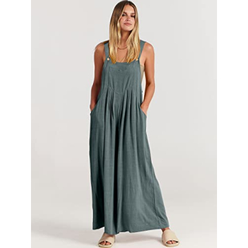 ANRABESS Womens Jumpsuits Overalls Wide Leg Casual Summer Outfits Linen Rompers Jumpers Sleeveless Straps 2024 Clothes Grey Blue Medium