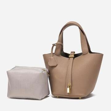 Women's Leather Tote Bag: Fashionable Lock Design Solid Color Bucket Bag Mini Handbag Wallet Handbag (2-Elephant Grey)