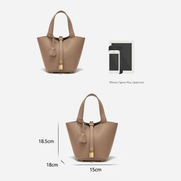 Women's Leather Tote Bag: Fashionable Lock Design Solid Color Bucket Bag Mini Handbag Wallet Handbag (2-Elephant Grey)