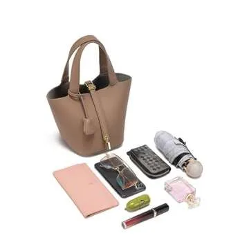 Women's Leather Tote Bag: Fashionable Lock Design Solid Color Bucket Bag Mini Handbag Wallet Handbag (2-Elephant Grey)