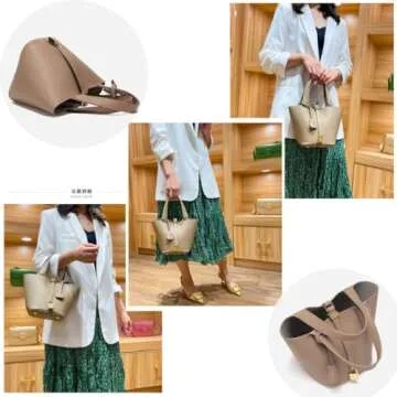 Women's Leather Tote Bag: Fashionable Lock Design Solid Color Bucket Bag Mini Handbag Wallet Handbag (2-Elephant Grey)