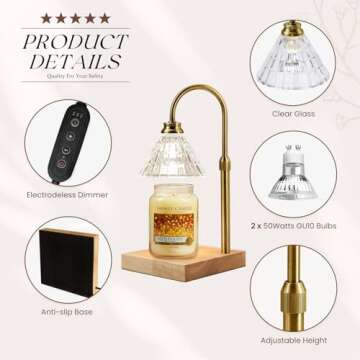Dorillo Candle Warmer Lamp, 2/4/8 Hours Timer, Dimmable Candle Melting Lamp, Compatible with Jar Candle Scented, Home Decor Aesthetic, Gift for Women, Glass Lampshade, Wood Base, Gold